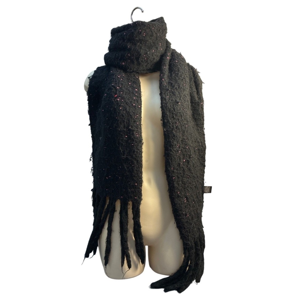 DKNY Black with Pink Fleck Chunky‎ Scarf with Fringe One Size